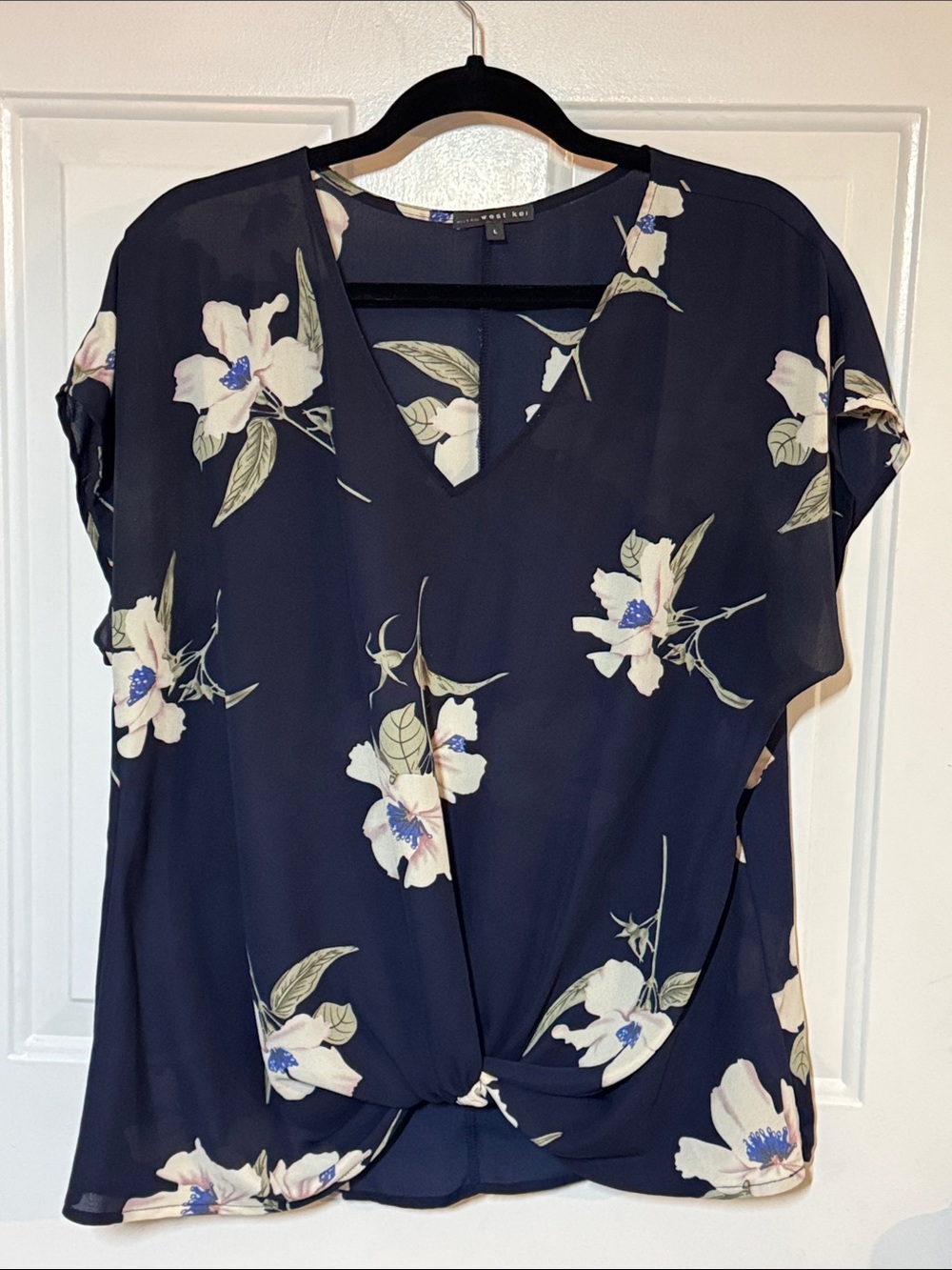 West Kei Navy Floral Twist-Front Blouse
